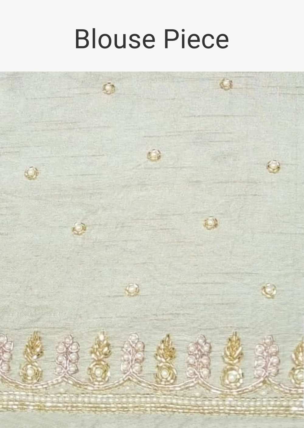 Powder Green Saree In Organza With Floral Print And Moti Accents