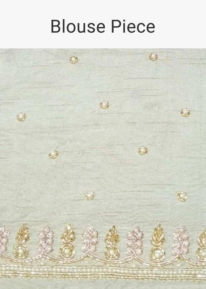 Powder Green Saree In Organza With Floral Print And Moti Accents