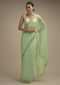 Powder Green Saree In Organza With Hand Embroidered Floral Floral Border And Scattered Buttis Online - Kalki Fashion