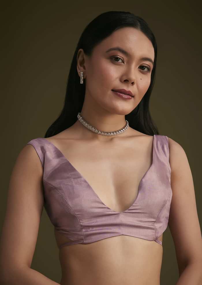 Powder Lavender Tissue Saree With Floral Embroidery