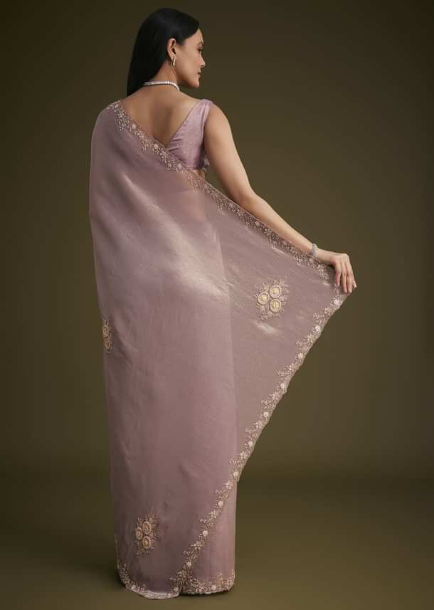 Powder Lavender Tissue Saree With Floral Embroidery Powder Lavender Tissue Saree With Floral Embroidery