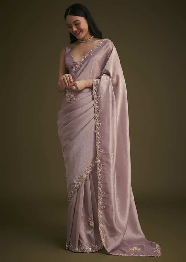 Powder Lavender Tissue Saree With Floral Embroidery Powder Lavender Tissue Saree With Floral Embroidery