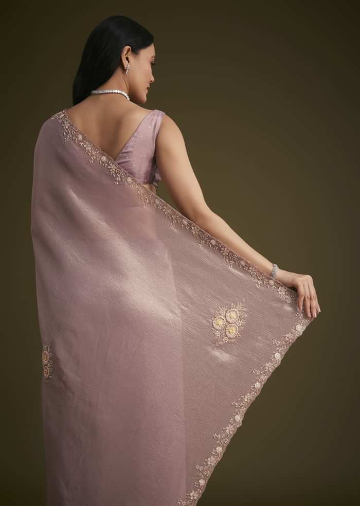 Powder Lavender Tissue Saree With Floral Embroidery