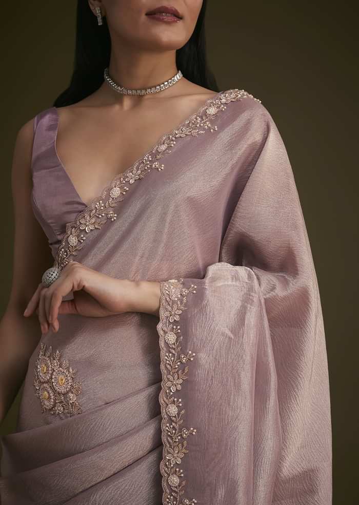 Powder Lavender Tissue Saree With Floral Embroidery