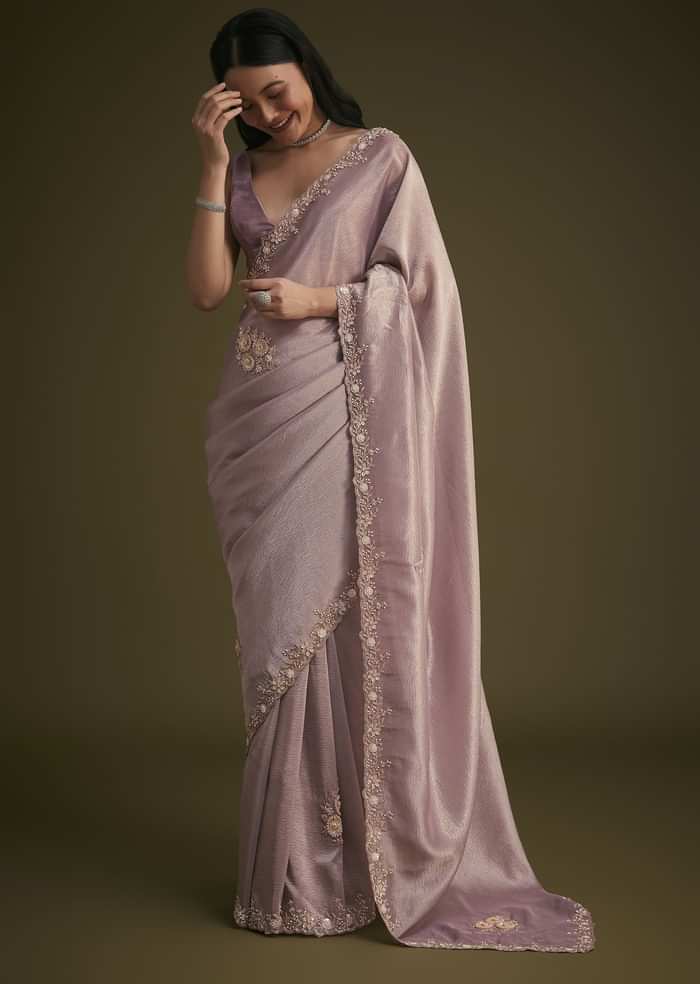 Powder Lavender Tissue Saree With Floral Embroidery