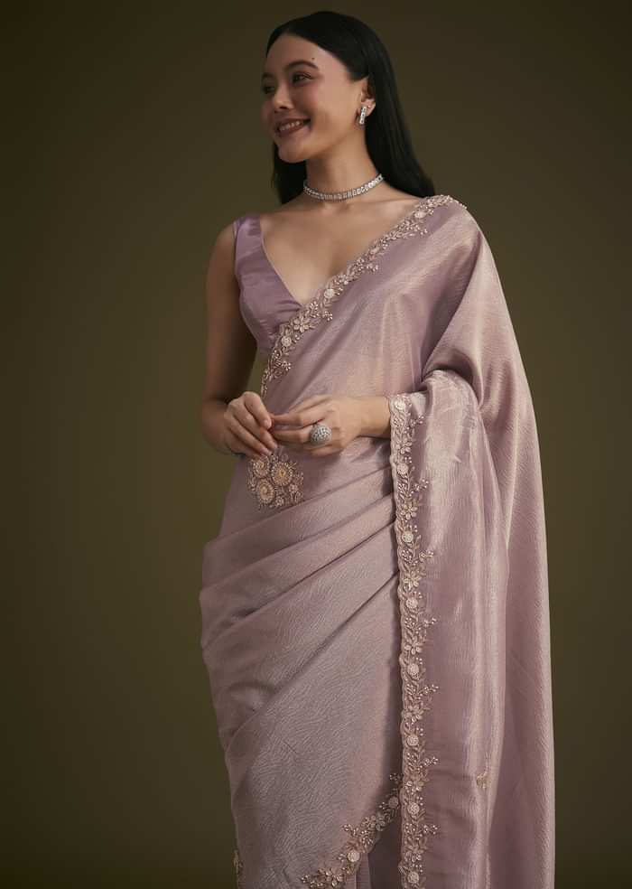 Powder Lavender Tissue Saree With Floral Embroidery