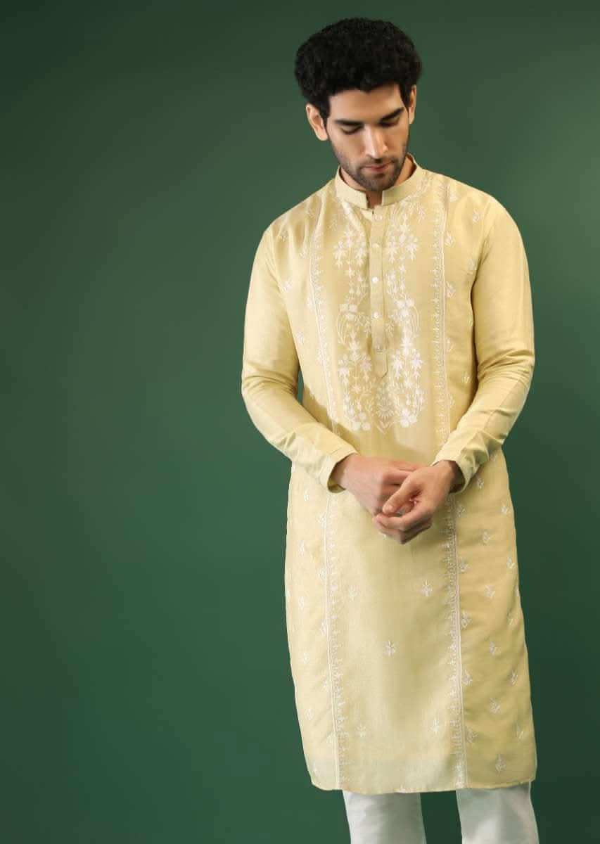 Powder Lime Kurta Set In Silk With Lucknowi Thread Embroidered Floral Jaal Online - Kalki Fashion