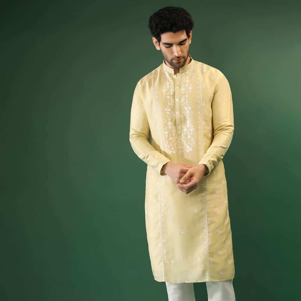 Powder Lime Kurta Set In Silk With Lucknowi Thread Embroidered Floral Jaal Online - Kalki Fashion