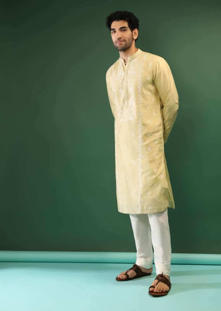 Powder Lime Kurta Set In Silk With Lucknowi Thread Embroidered Floral Jaal Online - Kalki Fashion