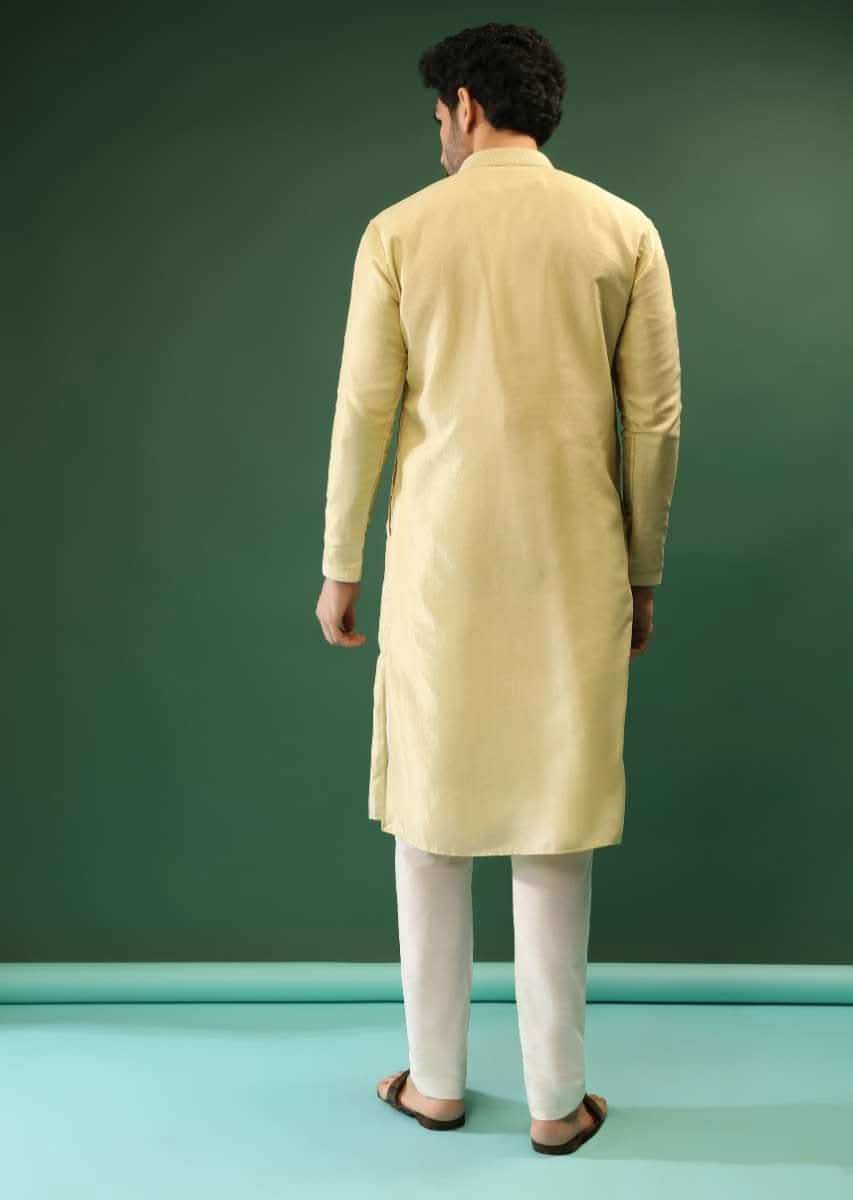 Powder Lime Kurta Set In Silk With Lucknowi Thread Embroidered Floral Jaal Online - Kalki Fashion