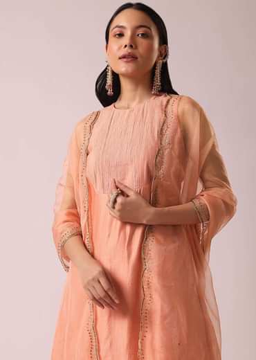 Powder Peach Chanderi Anarkali And Pant Set