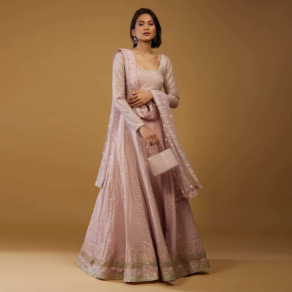 Powder Pink Anarkali Suit In Georgette With Embroidery