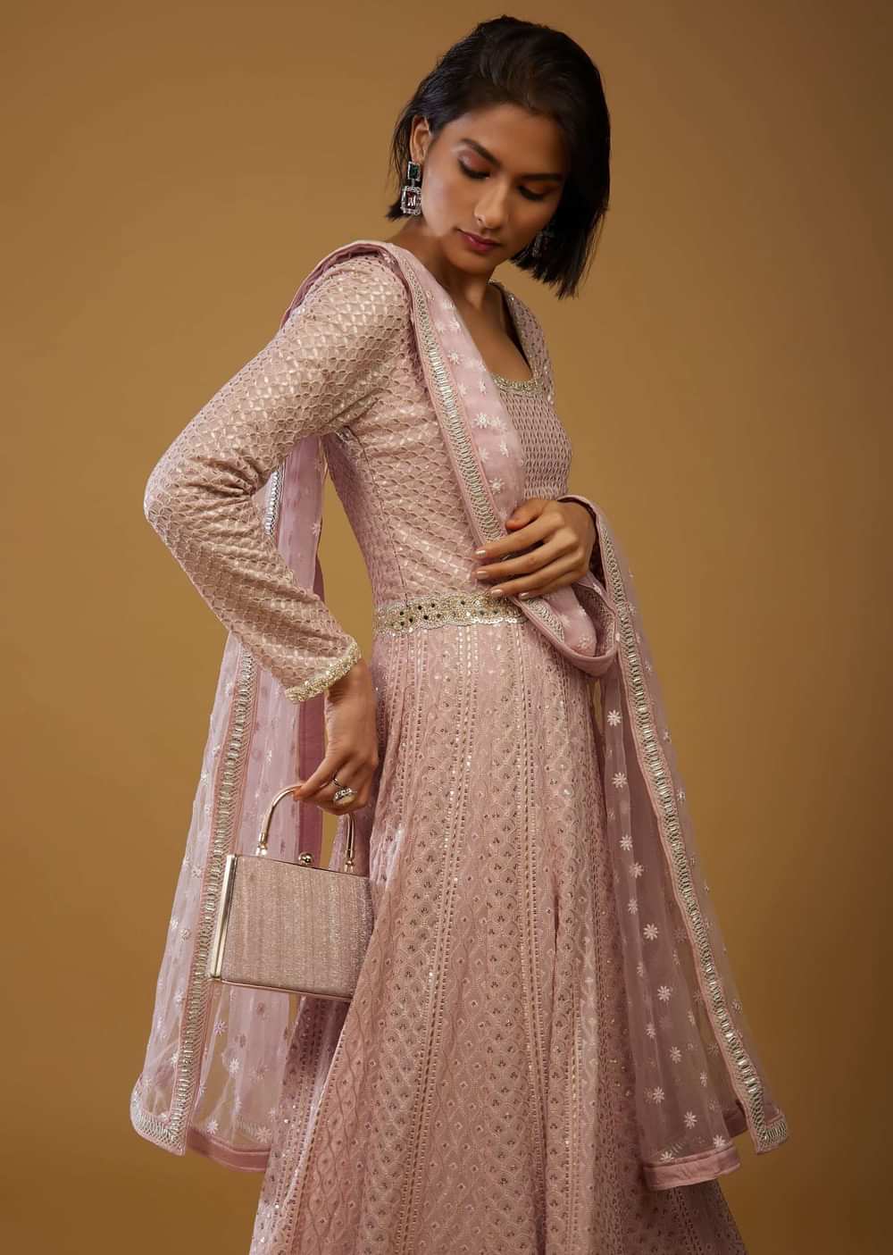 Powder Pink Anarkali Suit In Georgette With Embroidery
