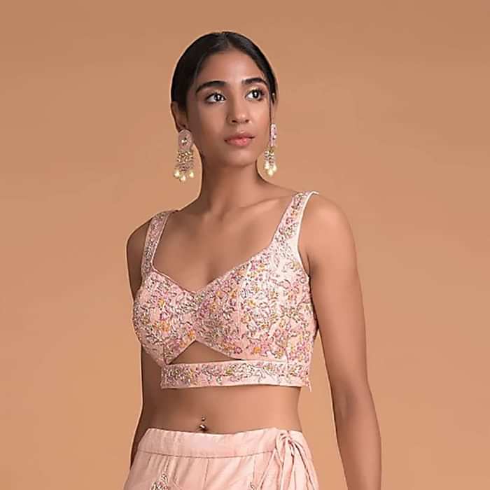 Powder Pink Blouse In Raw Silk With Beads And Zardosi Embroidered Floral Jaal