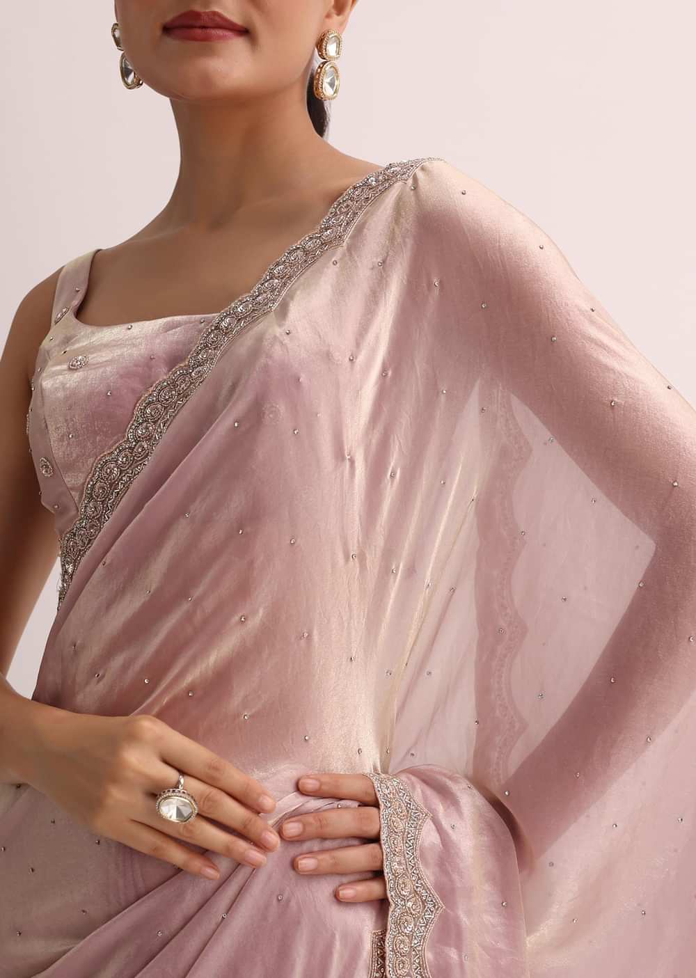 Powder Pink Embroidered Saree And Unstitched Blouse