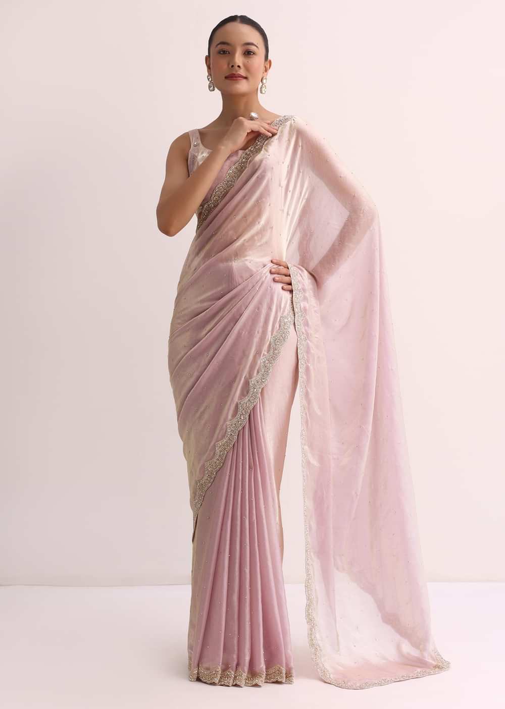 Powder Pink Embroidered Saree And Unstitched Blouse