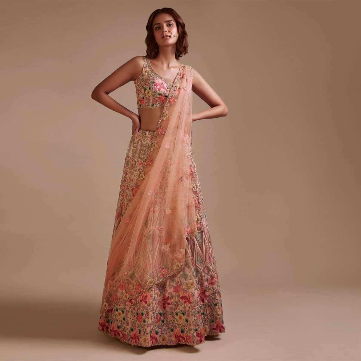 Powder Pink Lehenga Choli In Raw Silk With Colorful Resham And Sequins Embroidered Geometric And Floral Motifs