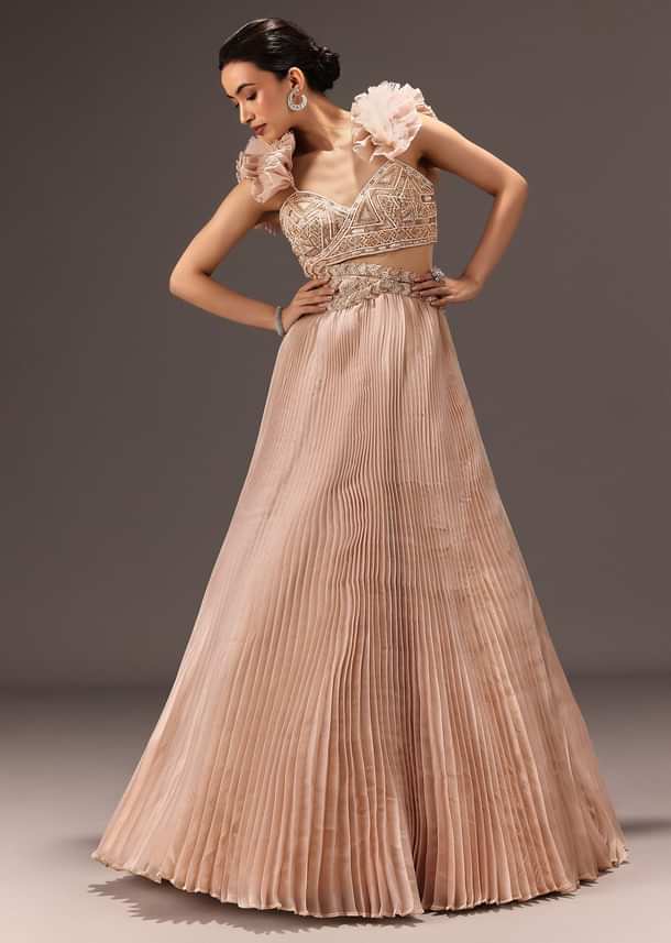Powder Pink Ruffle Gown In Organza