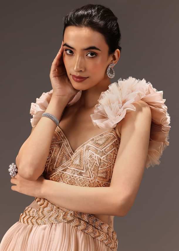 Powder Pink Ruffle Gown In Organza