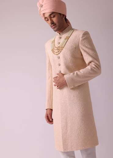 Powder Pink Sherwani In Georgette With Heavy Embroidery