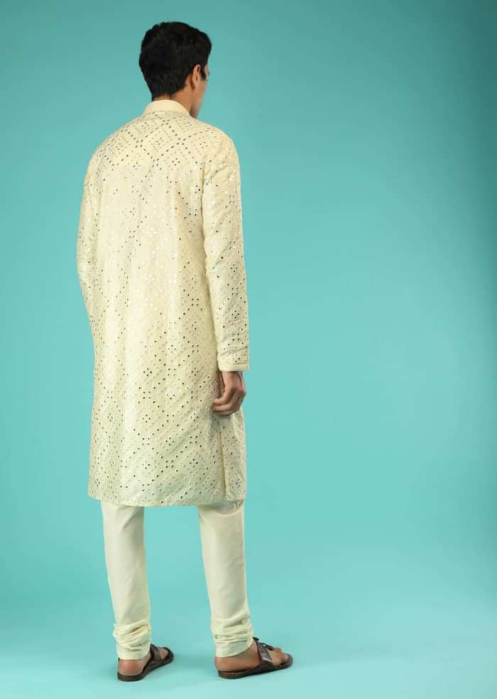 Powder Yellow Kurta Set In Raw Silk With Mirror Abla And Sequins Embroidered Geometric Jaal