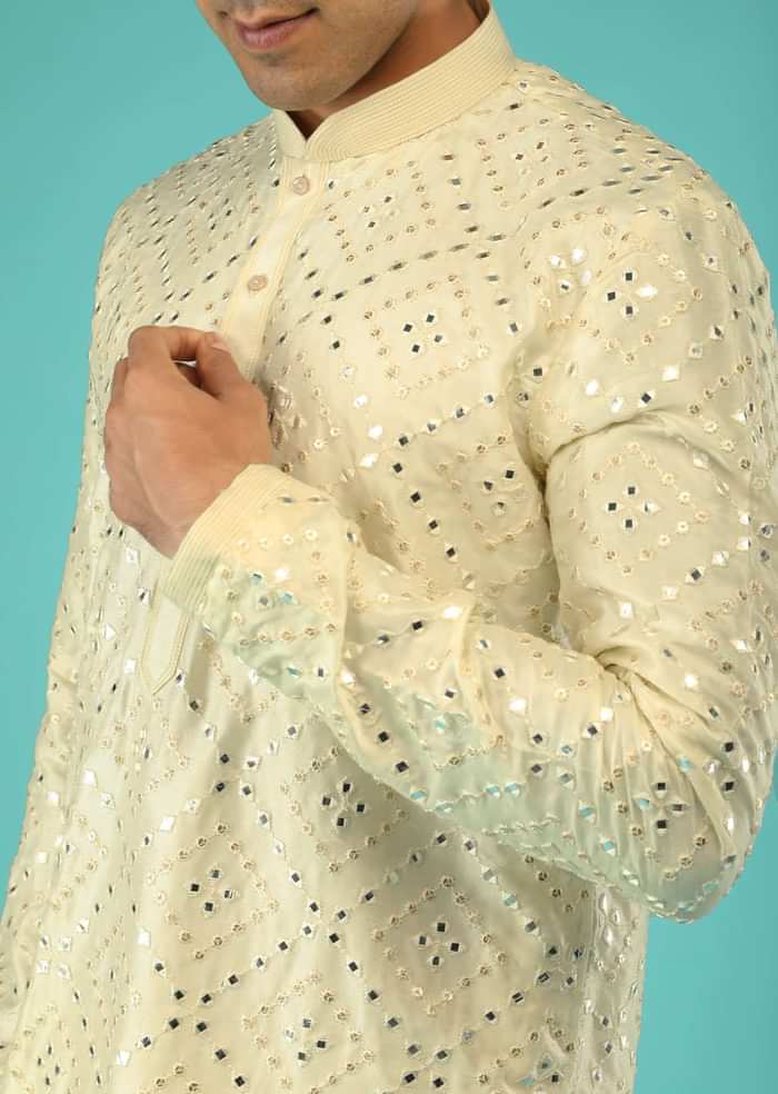 Powder Yellow Kurta Set In Raw Silk With Mirror Abla And Sequins Embroidered Geometric Jaal