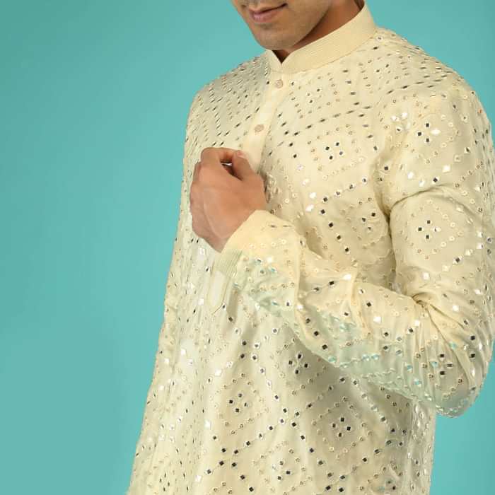 Powder Yellow Kurta Set In Raw Silk With Mirror Abla And Sequins Embroidered Geometric Jaal
