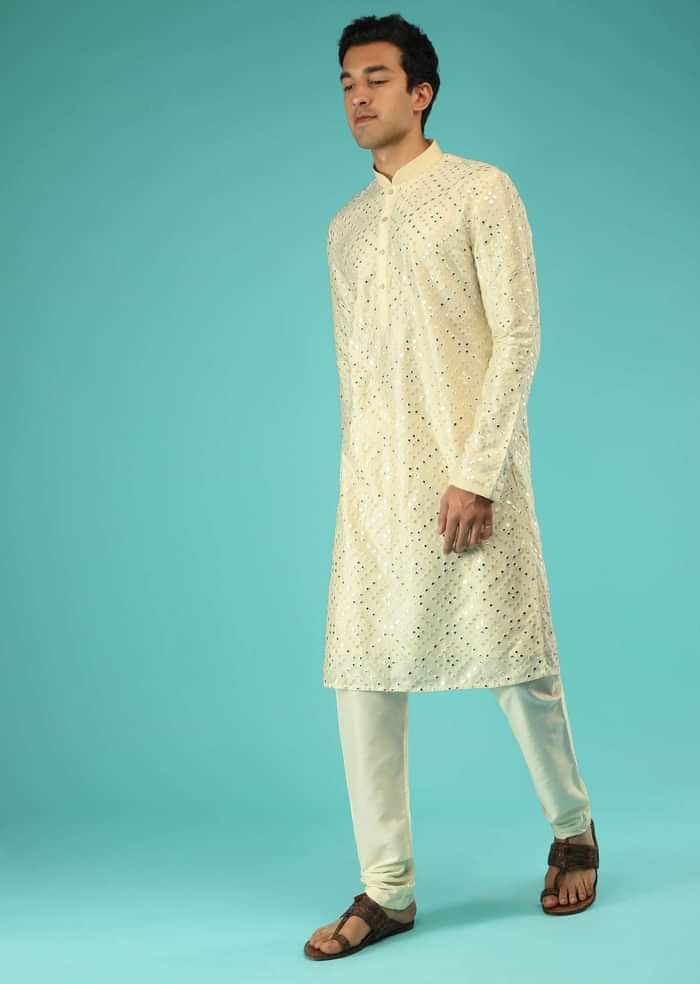 Powder Yellow Kurta Set In Raw Silk With Mirror Abla And Sequins Embroidered Geometric Jaal