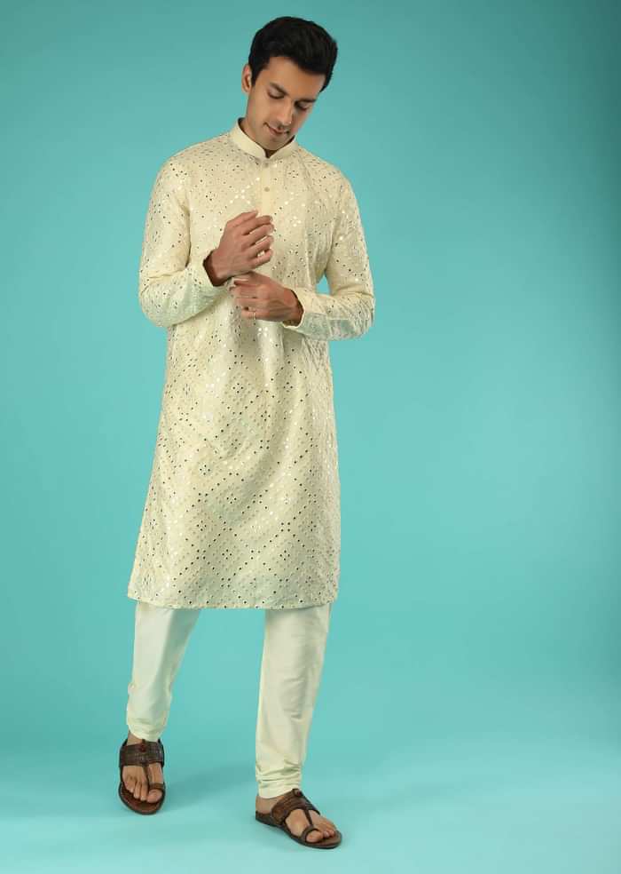 Powder Yellow Kurta Set In Raw Silk With Mirror Abla And Sequins Embroidered Geometric Jaal