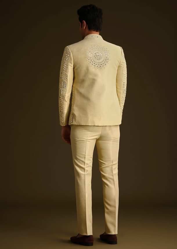 Powder Yellow Silk Mirror Work Indo Jacket Set Powder Yellow Silk Mirror Work Indo Jacket Set