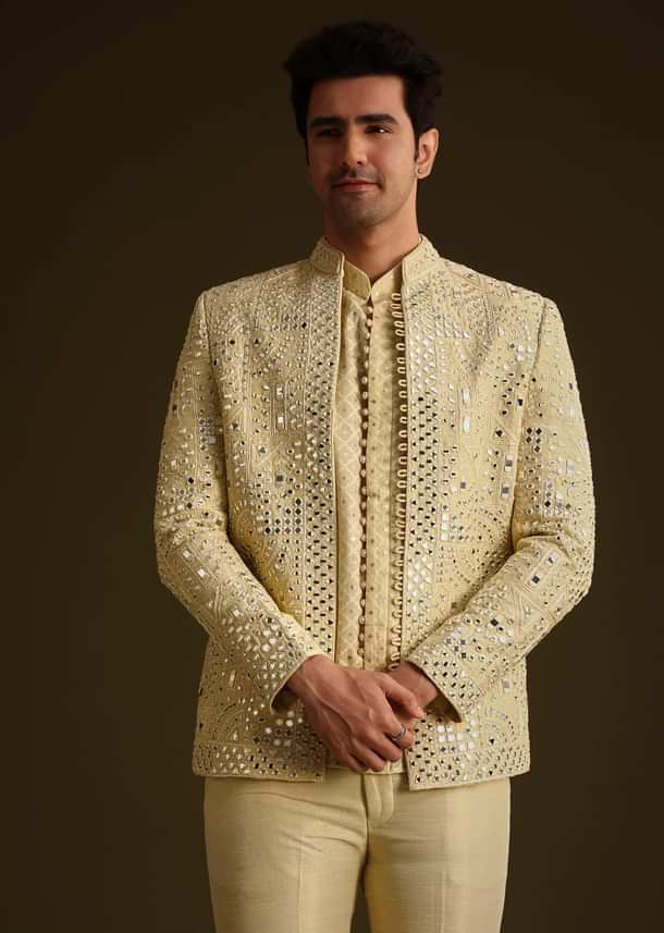 Powder Yellow Silk Mirror Work Indo Jacket Set Powder Yellow Silk Mirror Work Indo Jacket Set