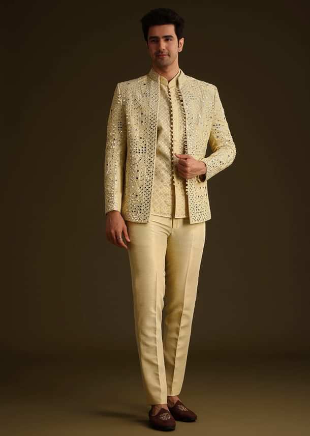 Powder Yellow Silk Mirror Work Indo Jacket Set Powder Yellow Silk Mirror Work Indo Jacket Set