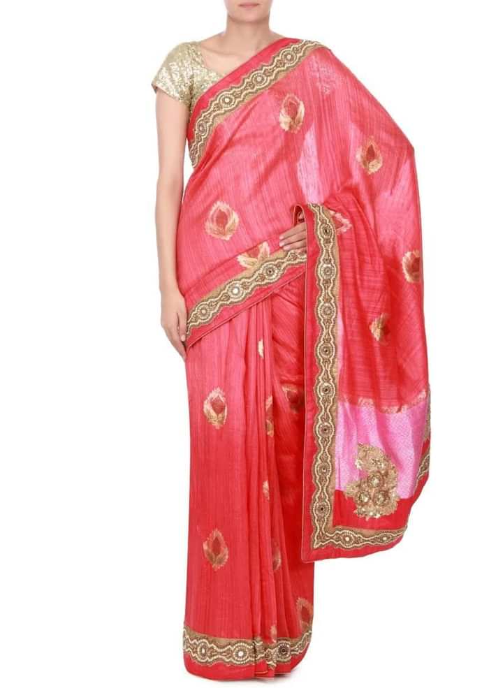 Pink saree adorn in zardosi and sequin butti only on kalki