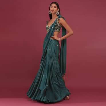 Pre-Pleated Emerald Green Saree With Floral Buttis And A Embroidered Blouse - NOOR 2022