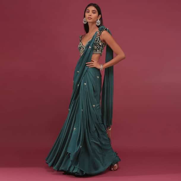 Emerald Green Pre-Pleated Saree With Floral Buttis And Embroidered Blouse - NOOR 2022
