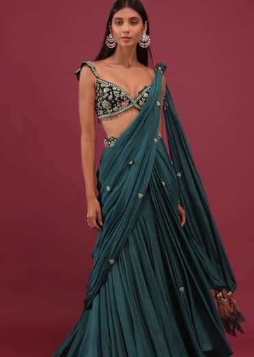 Pre-Pleated Emerald Green Saree With Floral Buttis And A Embroidered Blouse - NOOR 2022