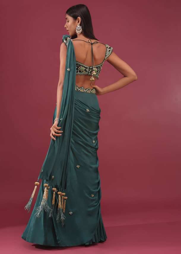 Emerald Green Pre-Pleated Saree With Floral Buttis And Embroidered Blouse - NOOR 2022