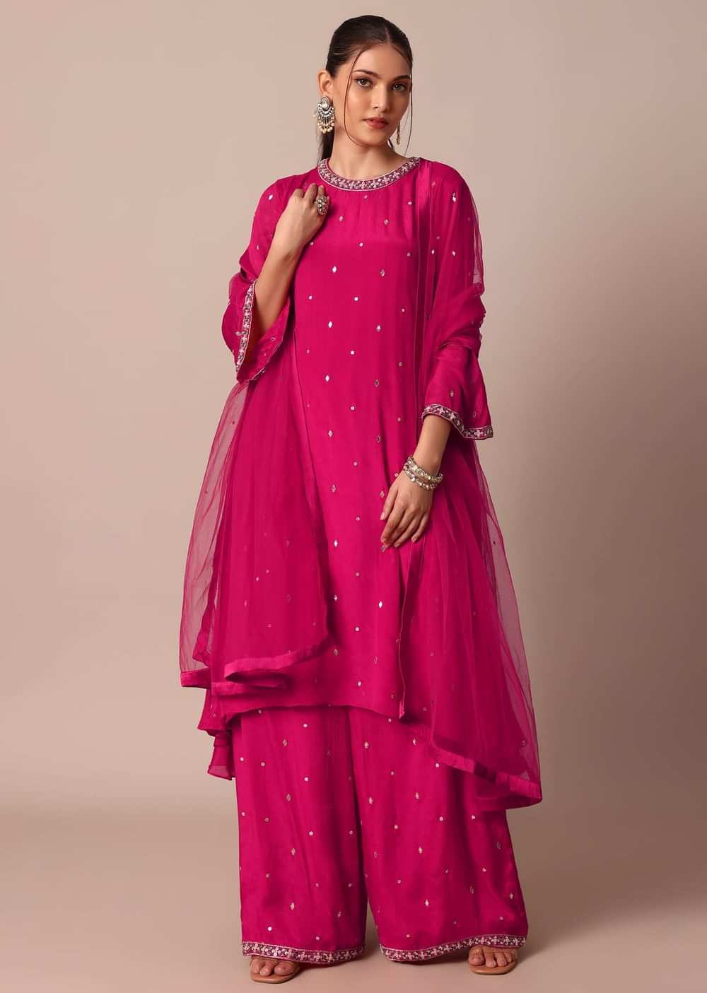 Pretty Pink Chiffon Embroidered Kurta With Dupatta And Palazzo Set