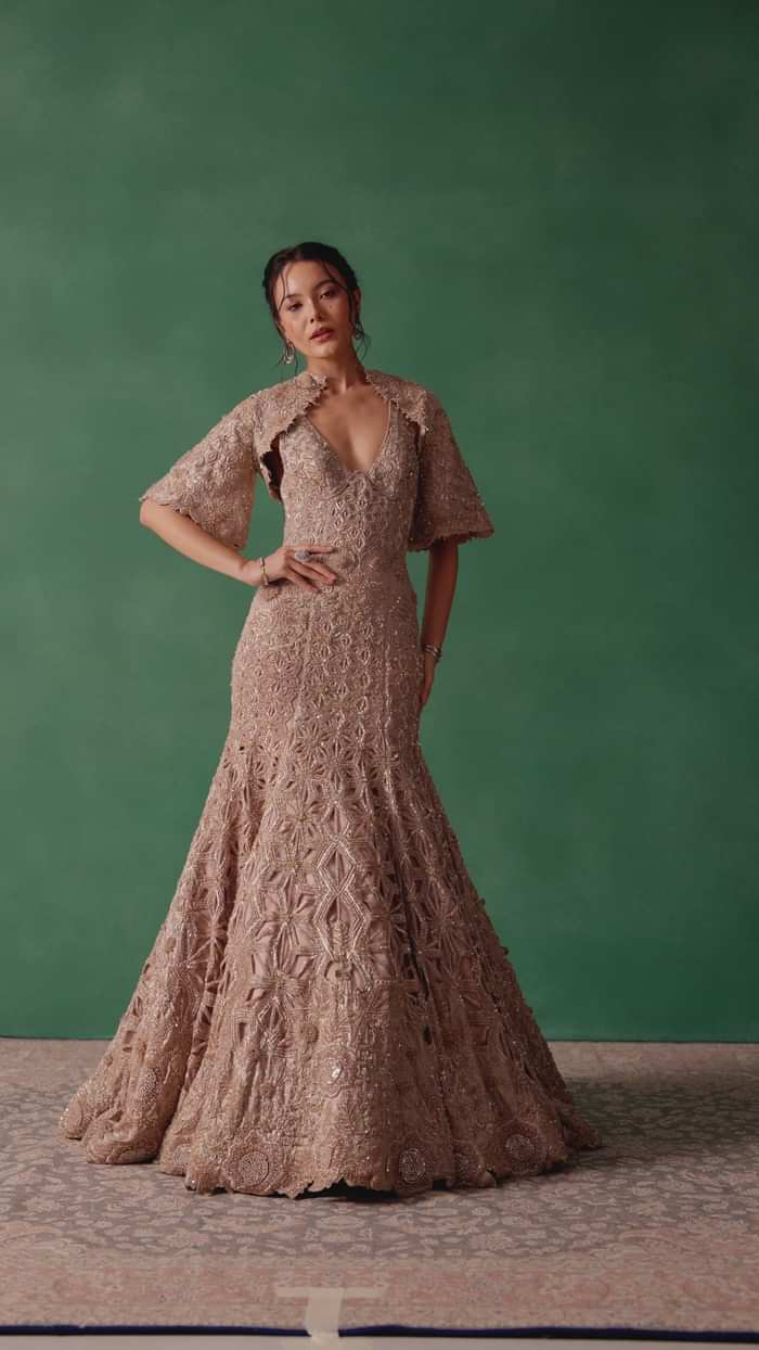Beige Heavy Embroidered Gown With Jacket