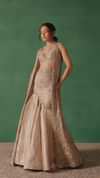 Gold Banarasi Embroidered Long Jacket With Sleeveless Blouse And Fishcut Lehenga