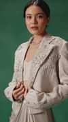 Silver Brocade Floral Embroidered Jacket With Drape Skirt Suit