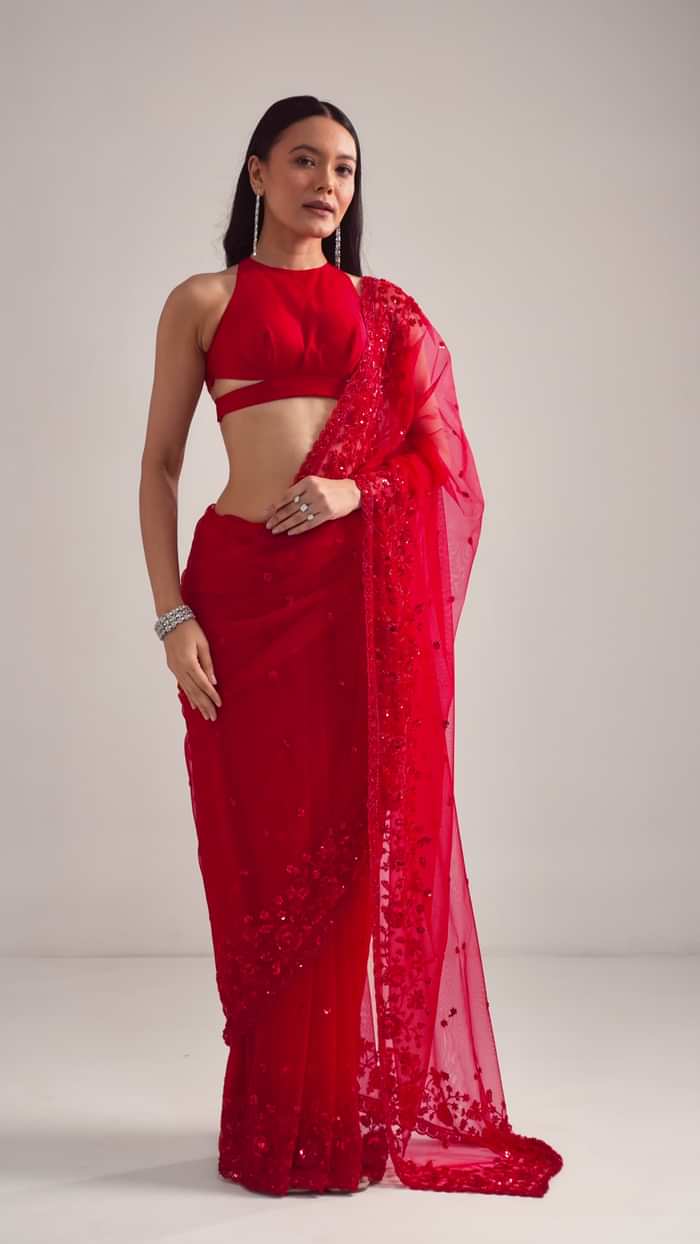 Red Net Saree With Sequins And Stones Embroidery