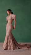 Peach Brocade Cutdana Work Jacket Skirt Suit