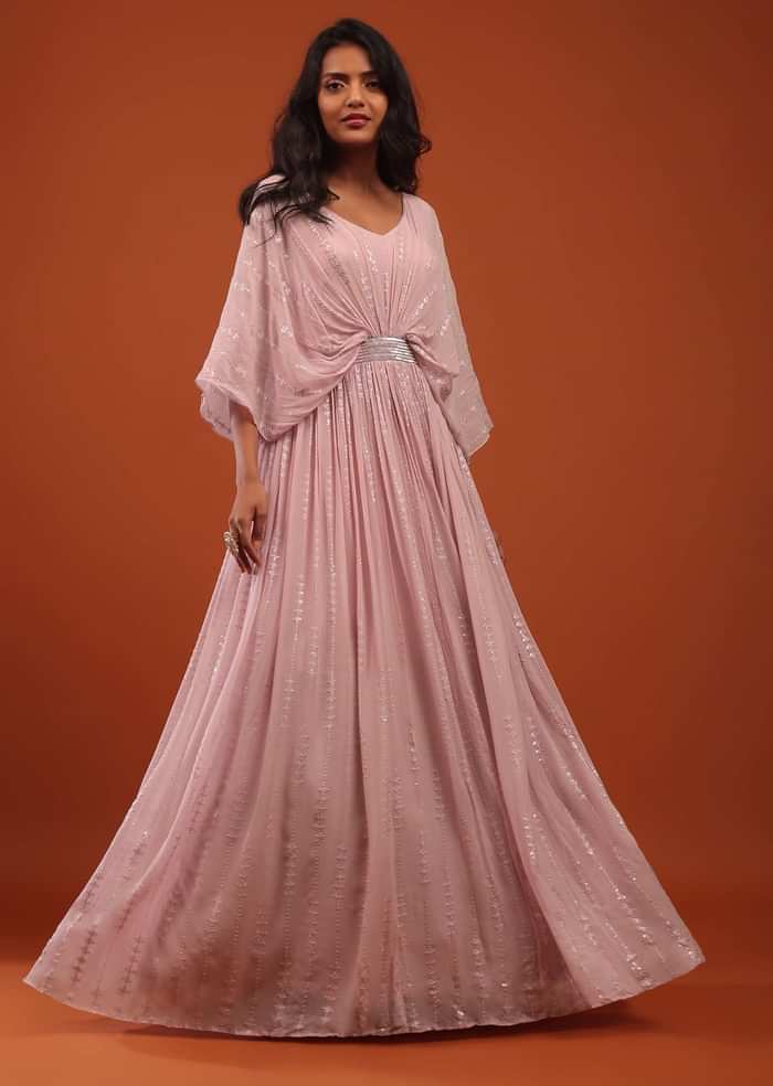 Primerose Pink Thread And Sequins Embroidered Georgette Kaftan Gown