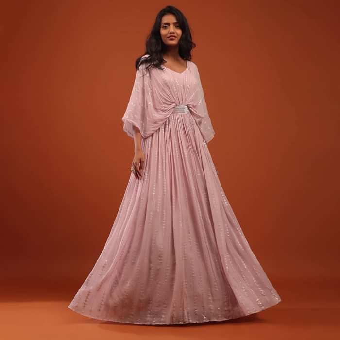 Primerose Pink Thread And Sequins Embroidered Georgette Kaftan Gown
