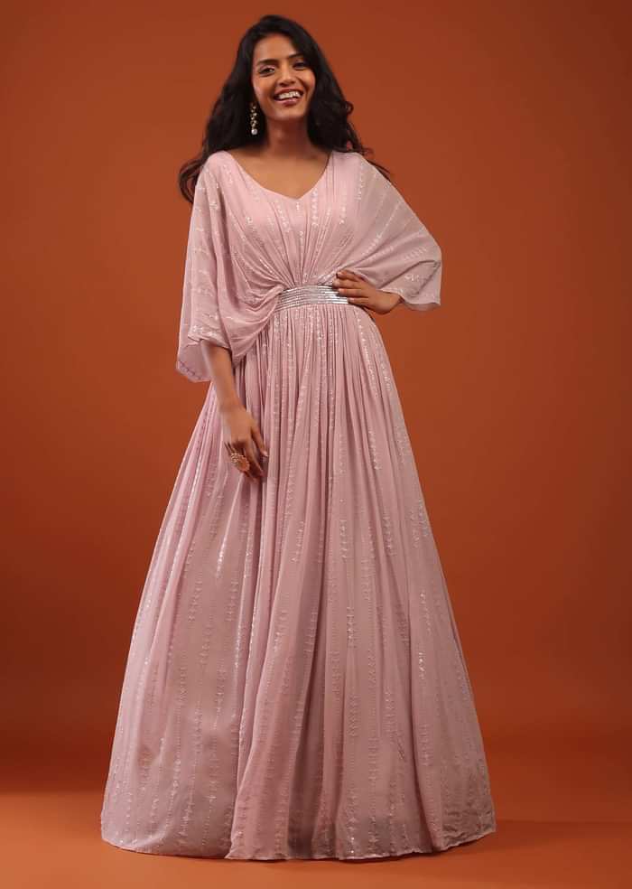 Primerose Pink Thread And Sequins Embroidered Georgette Kaftan Gown