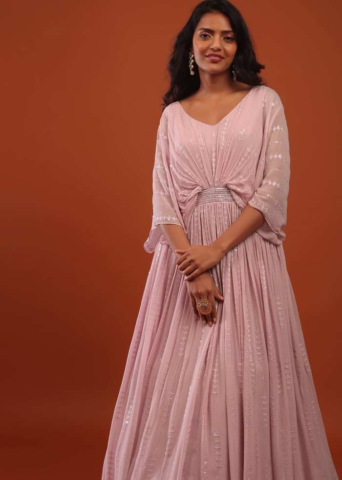 Primerose Pink Thread And Sequins Embroidered Georgette Kaftan Gown