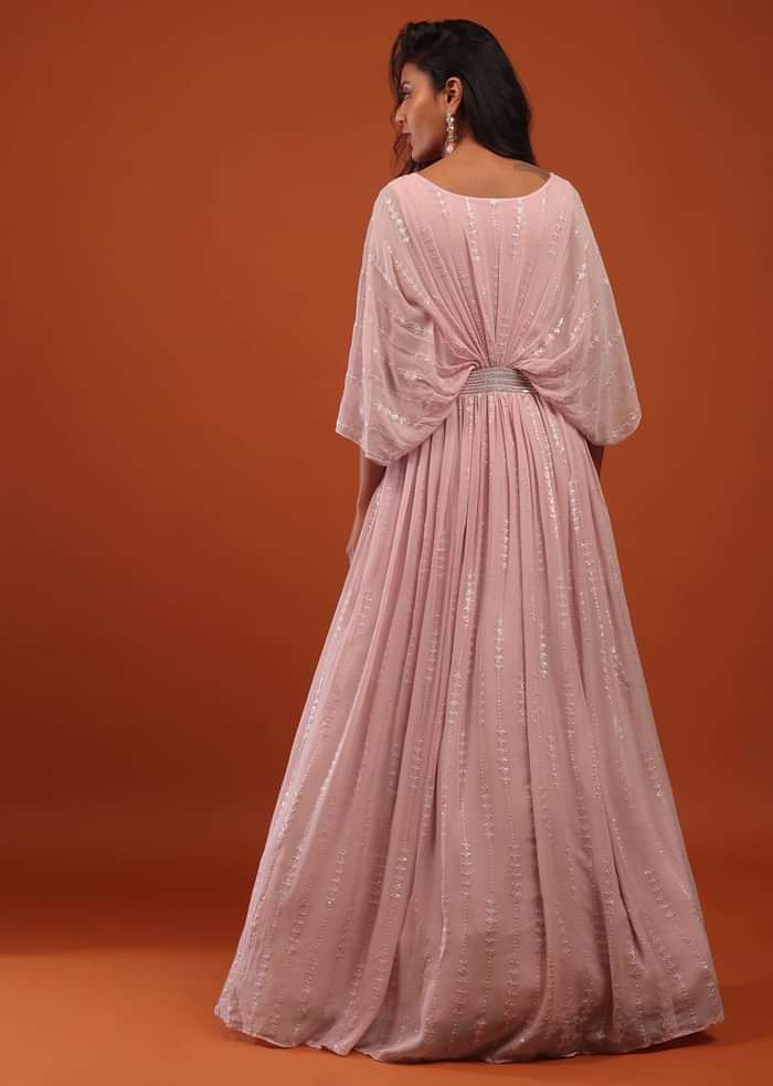 Primerose Pink Thread And Sequins Embroidered Georgette Kaftan Gown