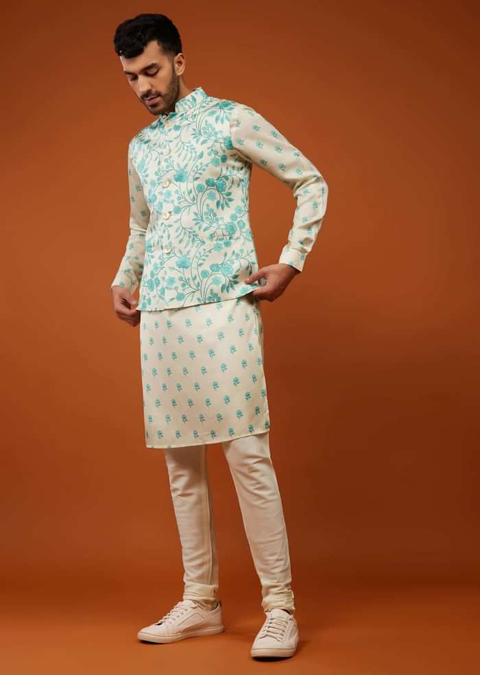 Beige White Bandi Jacket Set With Blue Floral Print In Cotton Silk