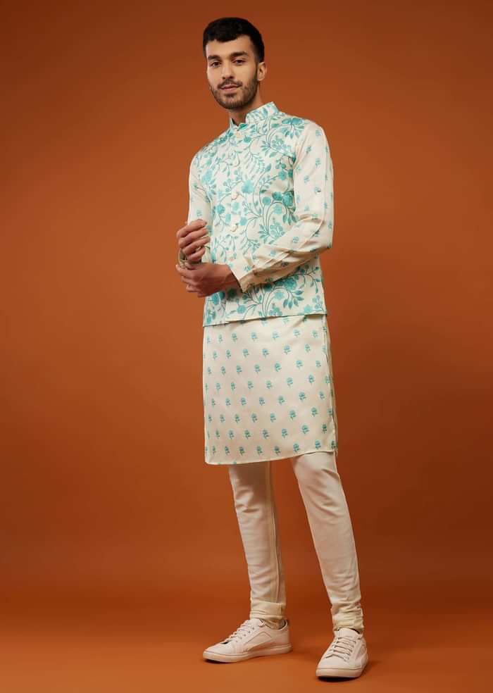 Beige White Bandi Jacket Set With Blue Floral Print In Cotton Silk